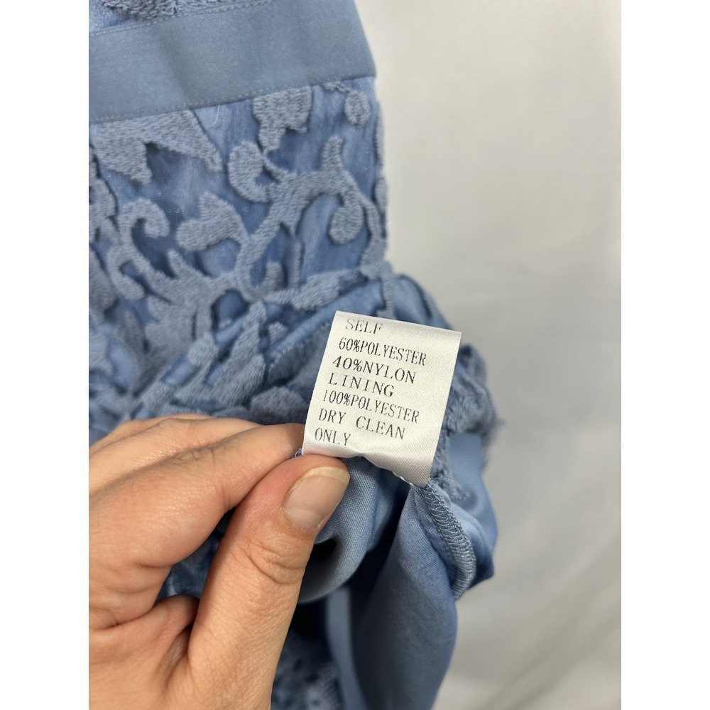 Tadashi Shoji Size 2 Lace Sheath Dress Periwinkle Blue V-Neck Ribbon Waist Party - Picture 11 of 15